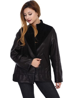 Franko Armondi Kadın Deri Klasik Ceket Oversize Süet Siyah Bk-1525-19828 Fa2