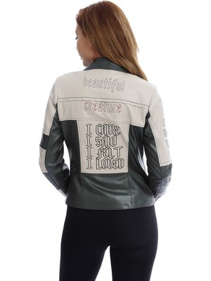 Franko Armondi Kadın Deri Spor Biker Mont Nakışlı Yeşil-Bej Mbk-1251-19637 Fa2
