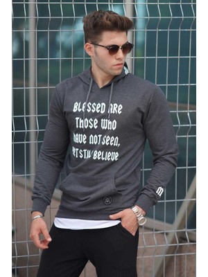 Madmext Antrasit Baskılı Kapşonlu Sweatshirt 4097