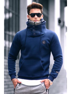 Madmext Triko Yaka Düğmeli Lacivert Sweatshirt 4411
