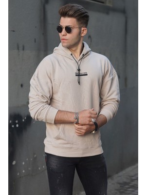 Madmext Bej Baskılı Kapüşonlu Sweatshirt 4722