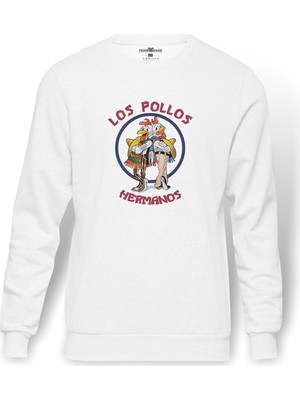 Tshirthane Breaking Bad Los Pollos Hermanos Baskılı Beyaz Erkek Örme Sweatshirt Uzun Kol