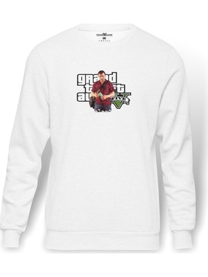 Tshirthane Gta V Michael De Santa Baskılı Beyaz Erkek Örme Sweatshirt Uzun Kol