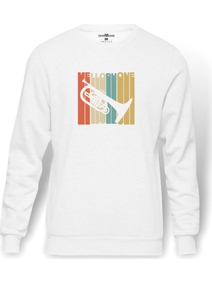 Tshirthane Silhouette Mellophone Vintage Style Baskılı Beyaz Erkek Örme Sweatshirt Uzun Kol
