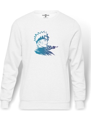Tshirthane Silhouette Naruto Baskılı Beyaz Erkek Örme Sweatshirt Uzun Kol