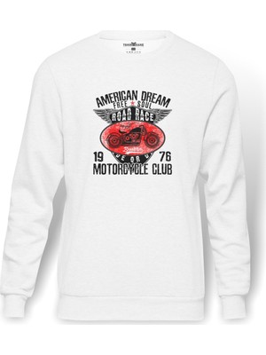 Tshirthane Motorcycle American Moto Dream Free Soul Baskılı Beyaz Erkek Örme Sweatshirt Uzun Kol
