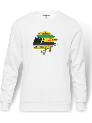 Tshirthane Formula F1 Ayrton Senna F1 Car Baskılı Beyaz Erkek Örme Sweatshirt Uzun Kol
