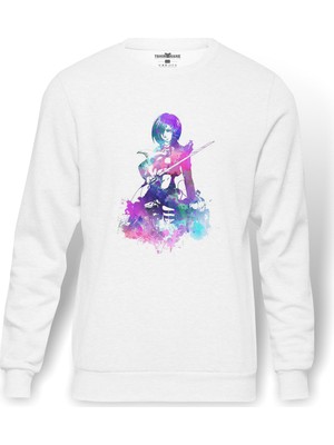 Tshirthane Anime Attack On Titan Baskılı Beyaz Erkek Örme Sweatshirt Uzun Kol