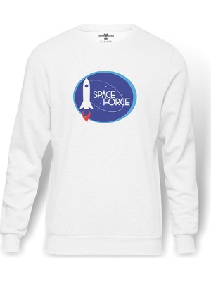 Tshirthane Nasa Space Force Uzay Baskılı Beyaz Erkek Örme Sweatshirt Uzun Kol