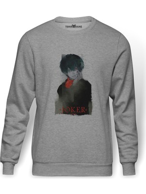 Tshirthane Anime Tokyo Ghoul Anteiku Joker Baskılı Gri Erkek Örme Sweatshirt Uzun Kol