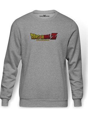 Tshirthane Anime Dragon Ball Baskılı Gri Erkek Örme Sweatshirt Uzun Kol