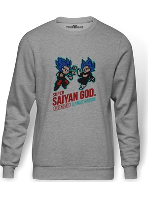 Tshirthane Anime Dragon Ball Baskılı Gri Erkek Örme Sweatshirt Uzun Kol