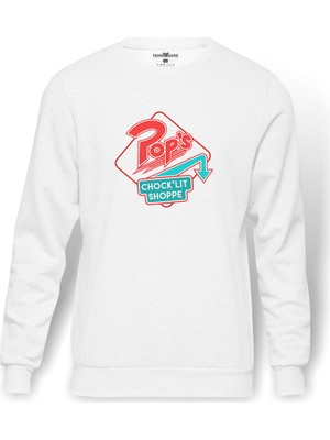 Tshirthane Riverdale Pops Chocklit Shoppe Baskılı Beyaz Erkek Örme Sweatshirt Uzun Kol