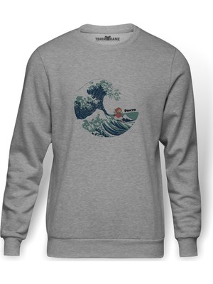 Tshirthane Küçük Deniz Kızı Ponyo Gake No Ue No Ponyo Baskılı Gri Erkek Örme Sweatshirt Uzun Kol
