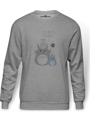 Tshirthane My Neighbor Komşum Totoro Baskılı Gri Erkek Örme Sweatshirt Uzun Kol