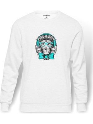 Tshirthane Kral Kulaklık Gözlük Papyonlu Aslan Baskılı Beyaz Erkek Örme Sweatshirt Uzun Kol
