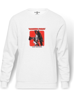 Tshirthane Magnum Force Clint Eastwood Baskılı Beyaz Erkek Örme Sweatshirt Uzun Kol