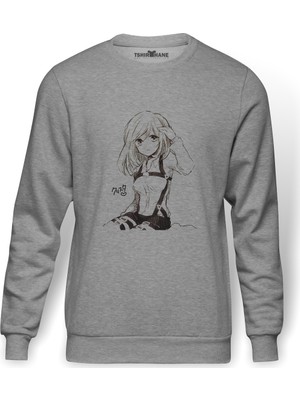 Tshirthane Anime Attack On Titan Baskılı Gri Erkek Örme Sweatshirt Uzun Kol