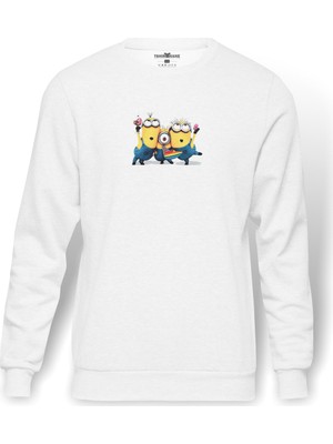 Tshirthane Minions Happy Birthday  Baskılı Beyaz Erkek Örme Sweatshirt Uzun Kol