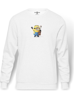 Tshirthane Minions Stuart  Baskılı Beyaz Erkek Örme Sweatshirt Uzun Kol