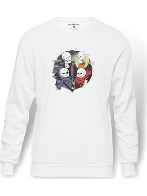 Tshirthane Undertale Skull Os Baskılı Beyaz Erkek Örme Sweatshirt Uzun Kol