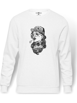 Tshirthane Gamblıng Rose Girl Baskılı Beyaz Erkek Örme Sweatshirt Uzun Kol