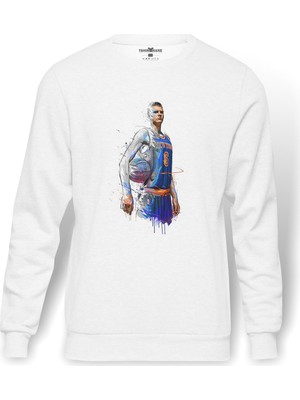Tshirthane New Basketbol Sporcu  Baskılı Beyaz Erkek Örme Sweatshirt Uzun Kol