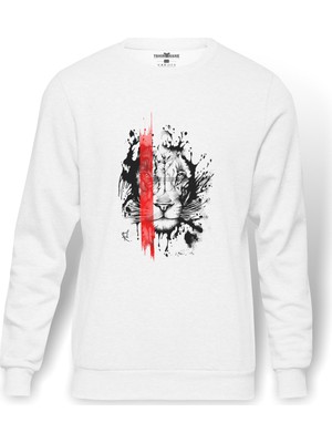 Tshirthane Lion King Baskılı Beyaz Erkek Örme Sweatshirt Uzun Kol