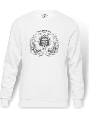 Tshirthane Smaurai Typographi Fish Baskılı Beyaz Erkek Örme Sweatshirt Uzun Kol