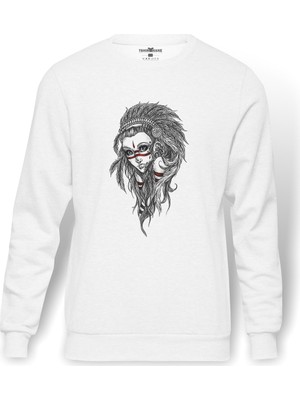 Tshirthane Kızılderili Kız Baskılı Beyaz Erkek Örme Sweatshirt Uzun Kol