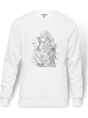 Tshirthane Anime One Punch Manfriends Baskılı Beyaz Erkek Örme Sweatshirt Uzun Kol