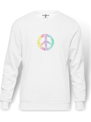 Tshirthane Peace Hippie Peace Symbols Baskılı Beyaz Erkek Örme Sweatshirt Uzun Kol
