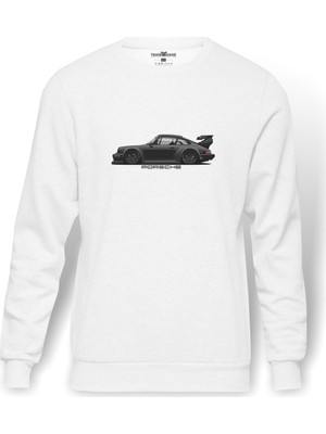 Tshirthane Porsche 911 Baskılı Beyaz Erkek Örme Sweatshirt Uzun Kol
