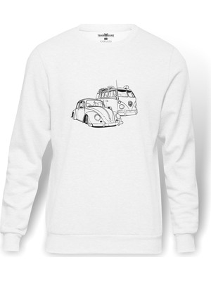 Tshirthane Beetle Caravan Wosvos Baskılı Beyaz Erkek Örme Sweatshirt Uzun Kol