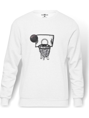 Tshirthane Basketbol Top Pota Baskılı Beyaz Erkek Örme Sweatshirt Uzun Kol