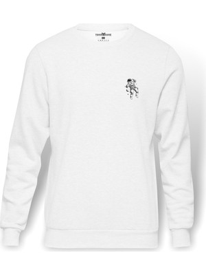 Tshirthane Astronot Uzay Boşluğu Göğüs Baskılı Beyaz Erkek Örme Sweatshirt Uzun Kol