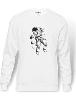 Tshirthane Astronot Uzay Boşluğu Baskılı Beyaz Erkek Örme Sweatshirt Uzun Kol