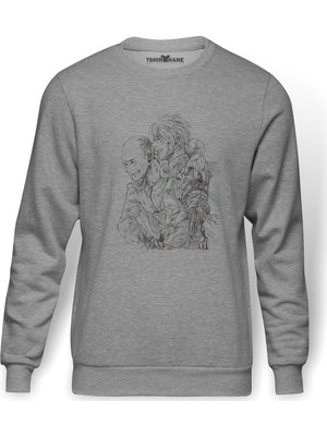 Tshirthane Anime One Punch Manfriends Baskılı Gri Erkek Örme Sweatshirt Uzun Kol