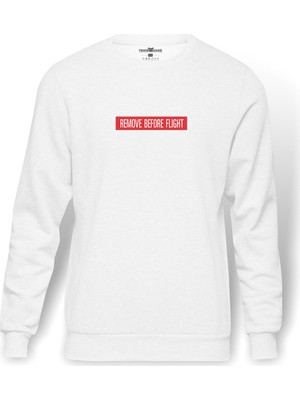 Tshirthane Remove Before The Flight Baskılı Beyaz Erkek Örme Sweatshirt Uzun Kol