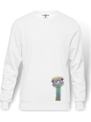 Tshirthane Renkli Devekuşu Illüstrasyon Suluboya Resim Sanat Baskılı Beyaz Erkek Örme Sweatshirt Uzun Kol