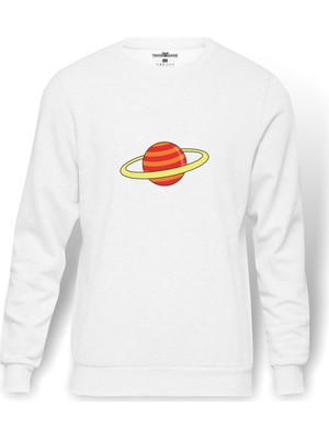 Tshirthane Saturn Baskılı Beyaz Erkek Örme Sweatshirt Uzun Kol