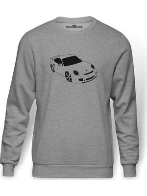 Tshirthane Porsche Baskılı Gri Erkek Örme Sweatshirt Uzun Kol