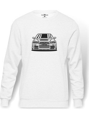 Tshirthane Nissan Skyline R34 Gtr Baskılı Beyaz Erkek Örme Sweatshirt Uzun Kol