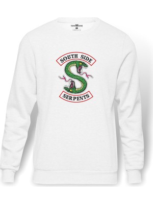 Tshirthane Riverdale South Side Serpents Baskılı Beyaz Erkek Örme Sweatshirt Uzun Kol