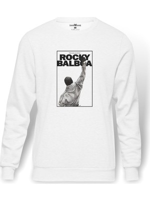 Tshirthane Rocky Balboa   Baskılı Beyaz Erkek Örme Sweatshirt Uzun Kol