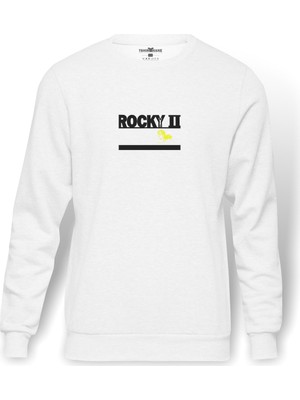 Tshirthane Rocky Iı Altaki Sarı Baskılı Beyaz Erkek Örme Sweatshirt Uzun Kol