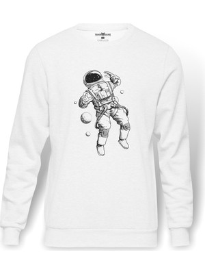 Tshirthane Astronot Uzay Gezintisi Baskılı Beyaz Erkek Örme Sweatshirt Uzun Kol