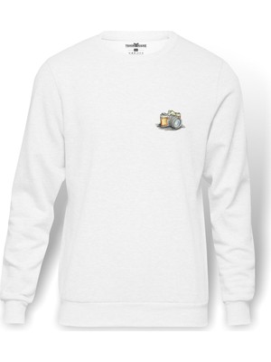 Tshirthane Fotoğraf Makinesi Kahverengi Objek Lens Camera Baskılı Beyaz Erkek Örme Sweatshirt Uzun Kol