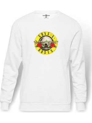 Tshirthane Guns'N Roses Baskılı Beyaz Erkek Örme Sweatshirt Uzun Kol