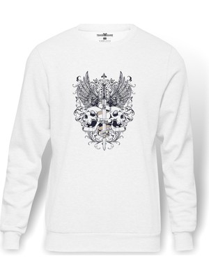 Tshirthane Kafatası Ve Kanatlar Ile Gri Kılıç Baskılı Beyaz Erkek Örme Sweatshirt Uzun Kol